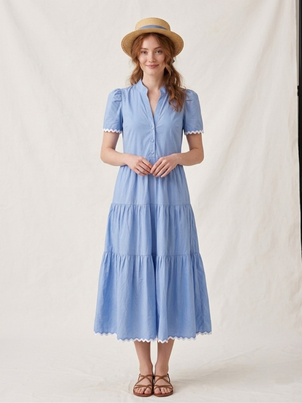 NWT Sail to Sable Cottagecore Tiered Dress Retro Lace Pleated Light Blue S